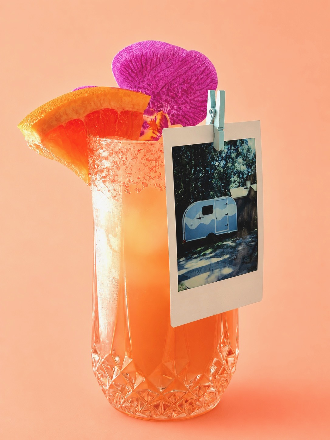 The Polaroid Paloma with a grapefruit salt rim, flower garnish and a polaroid pinned to the glass